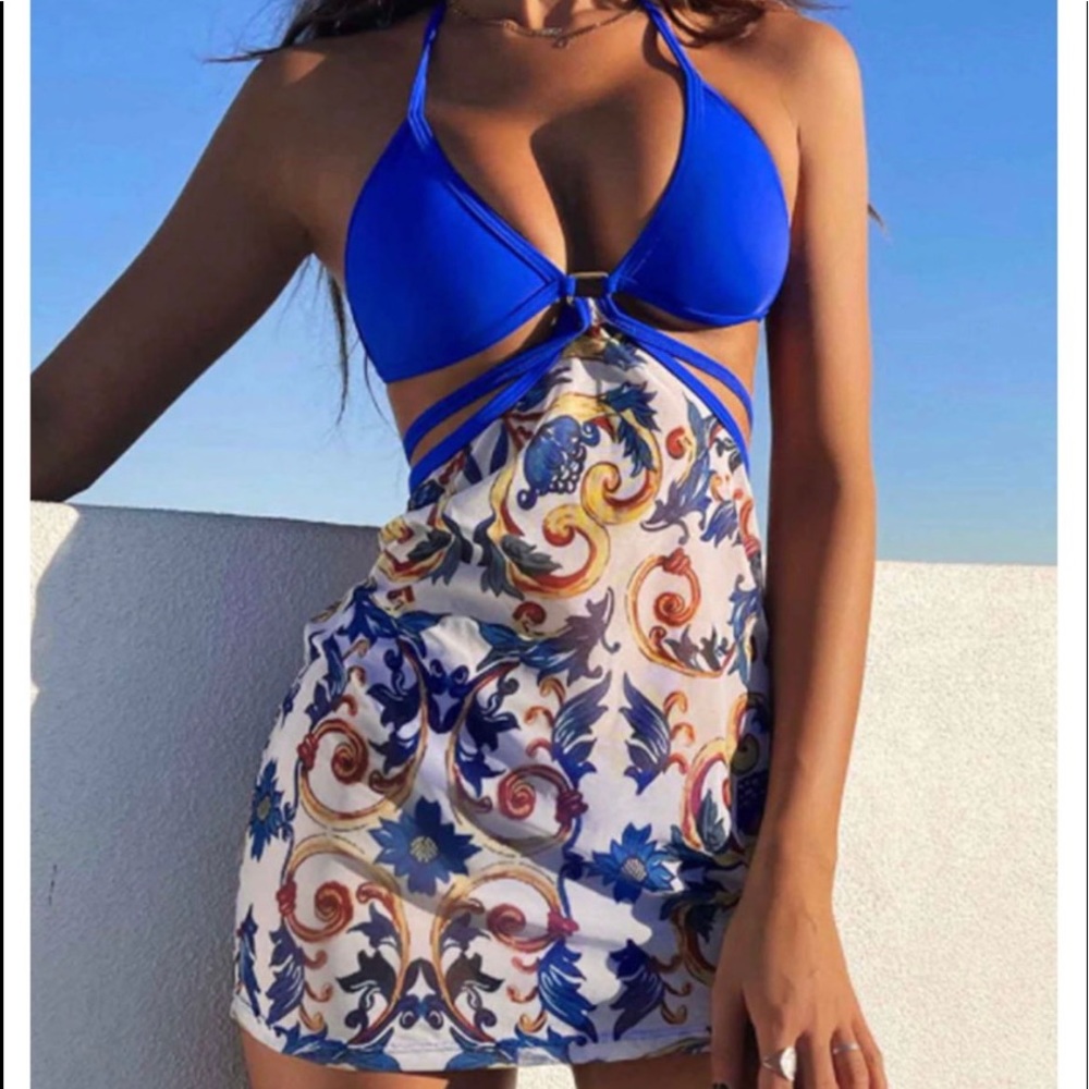 3pcs Self-tie Bikini Set with Floral Print Sarong